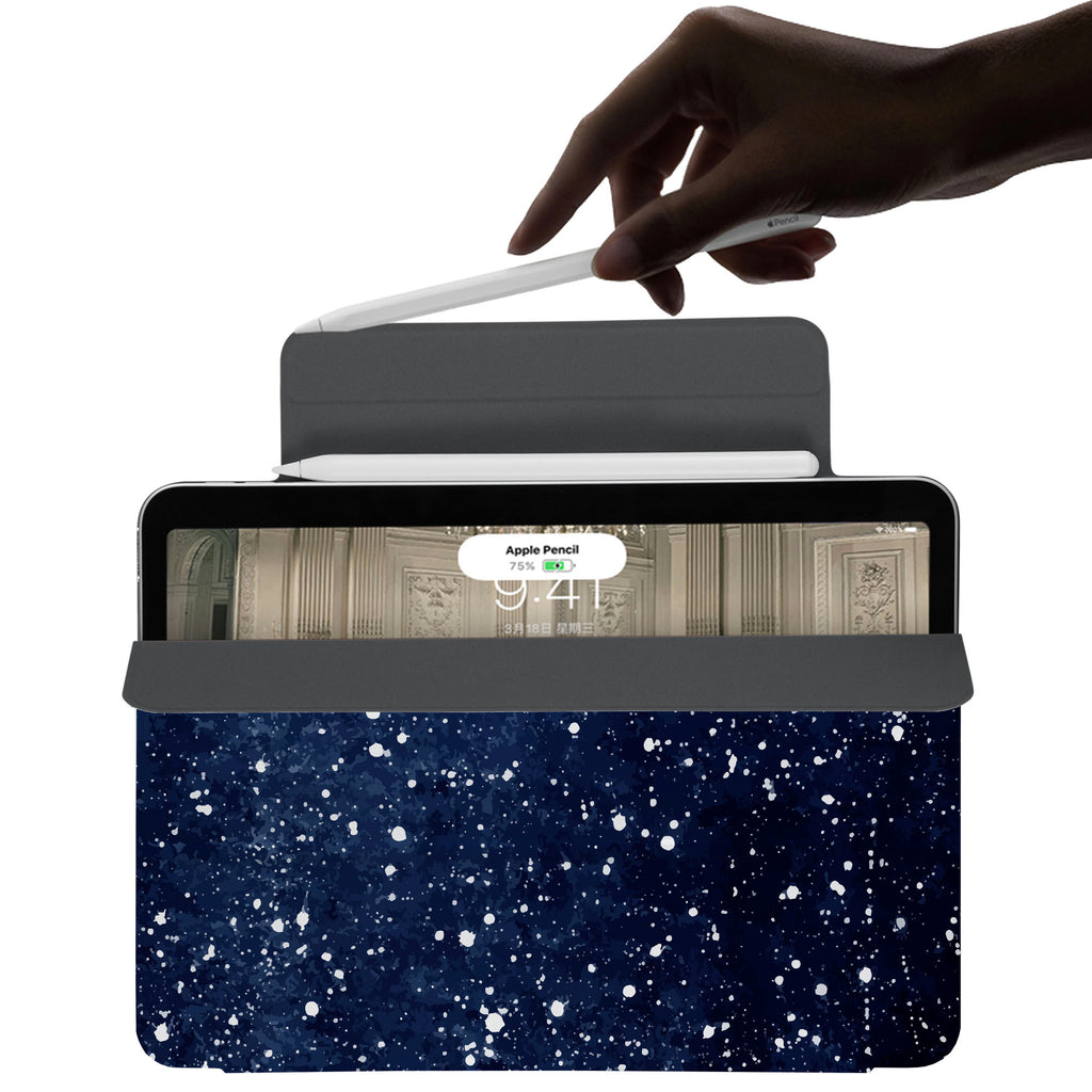 the VistaCase Personalized iPad Slim Fit Case with Galaxy Universe design,  The case includes built-in storage and a cutout for easy magnetic attachment of your Pencil, ensuring it's always within reach.