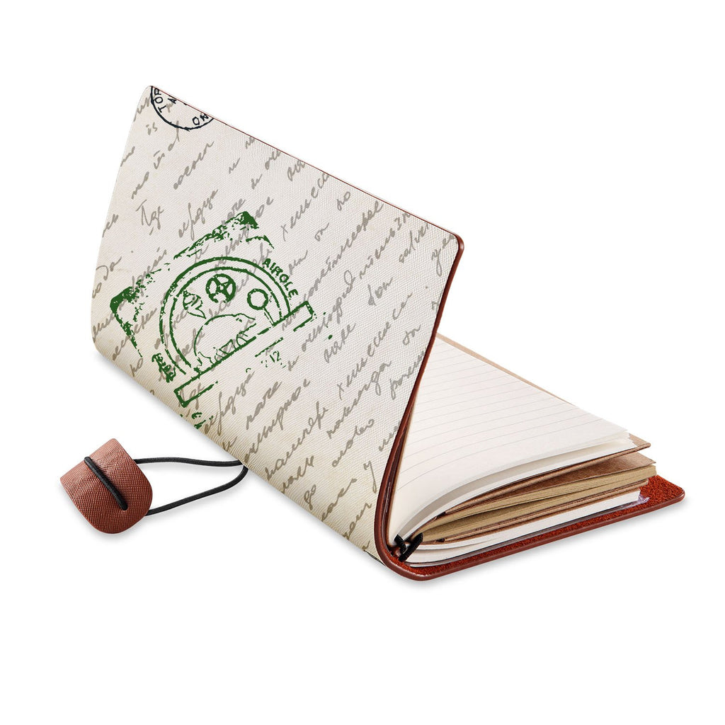 opened view of midori style traveler's notebook with Travel design