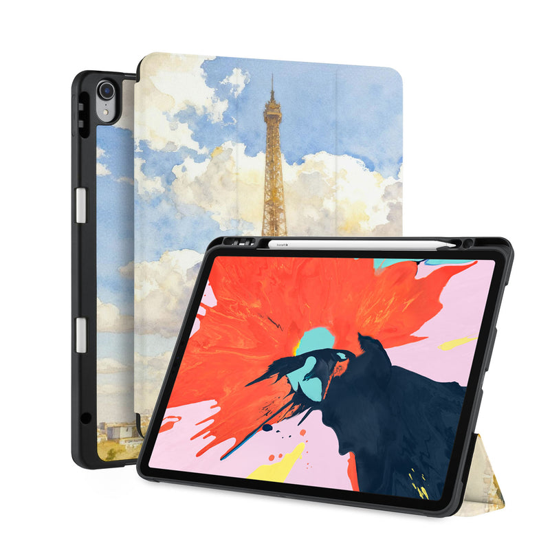 front back and stand view of personalized iPad case with pencil holder and France  Famous Attractions design - swap