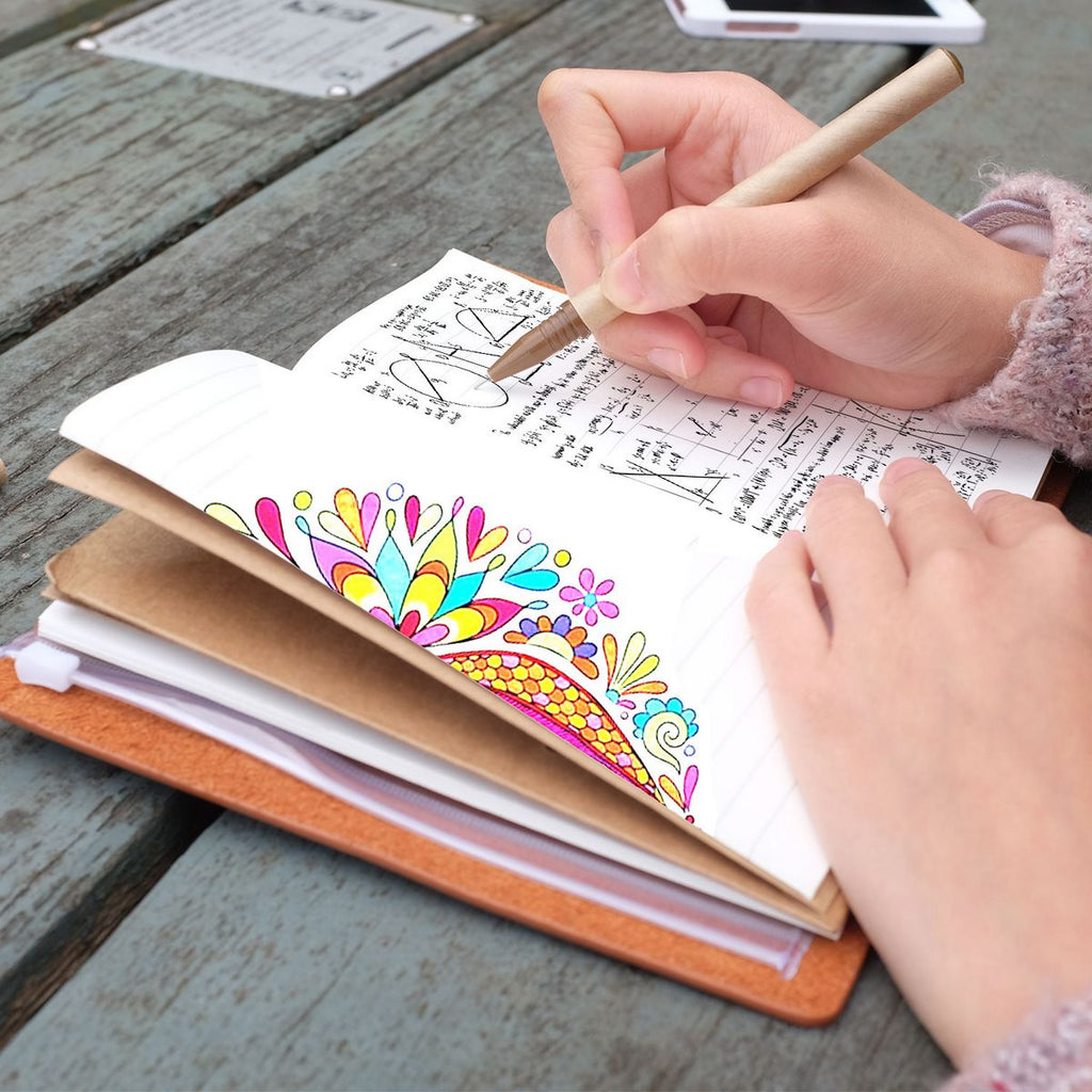 
A girl writing on midori style traveler's notebook with playful pussycats design on a wooden table