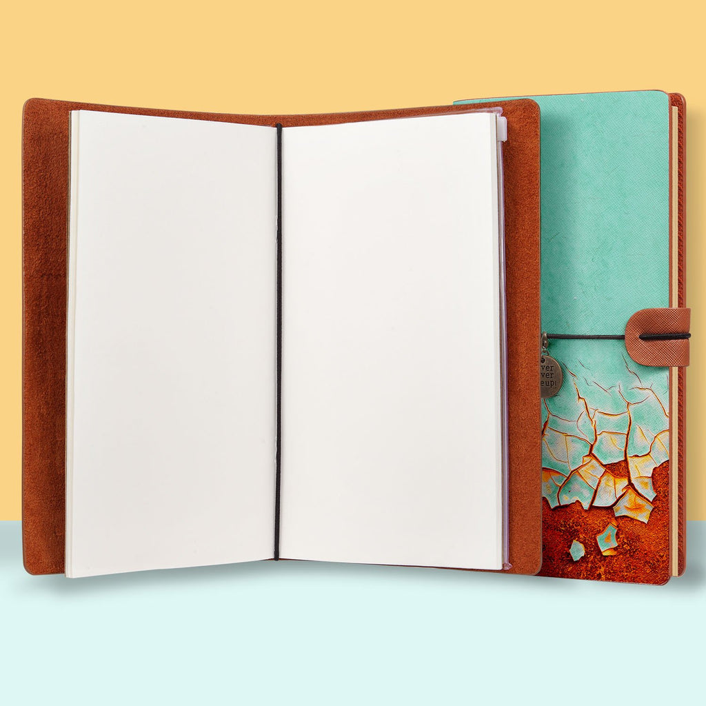 the front top view of midori style traveler's notebook with Rusted Metal design