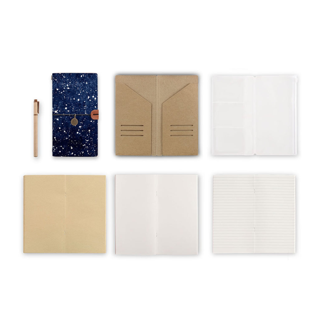midori style traveler's notebook with Galaxy Universe design, refills and accessories