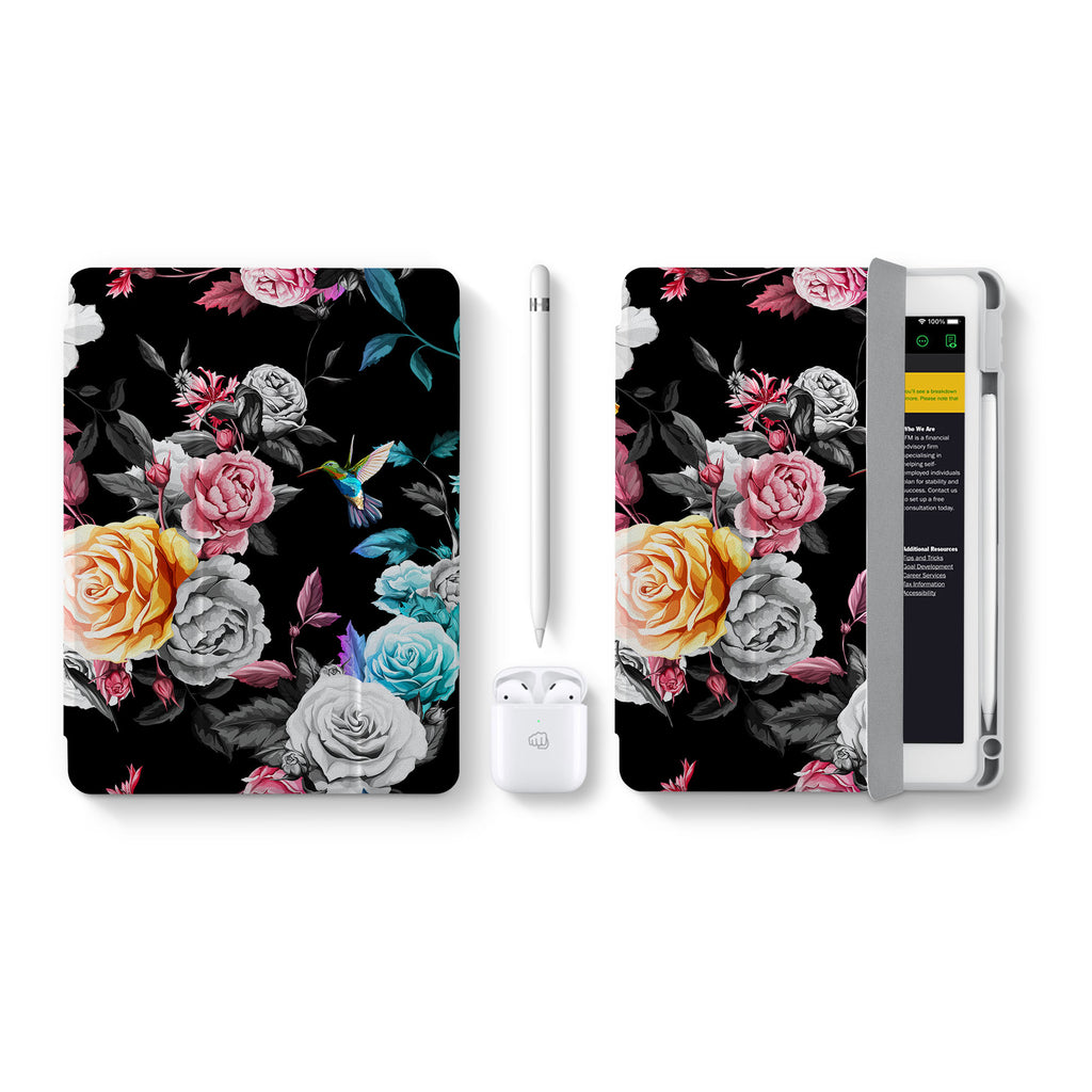 Vista Case iPad Premium Case with Black Flower Design perfect fit for easy and comfortable use. Durable & solid frame protecting the tablet from drop and bump.
