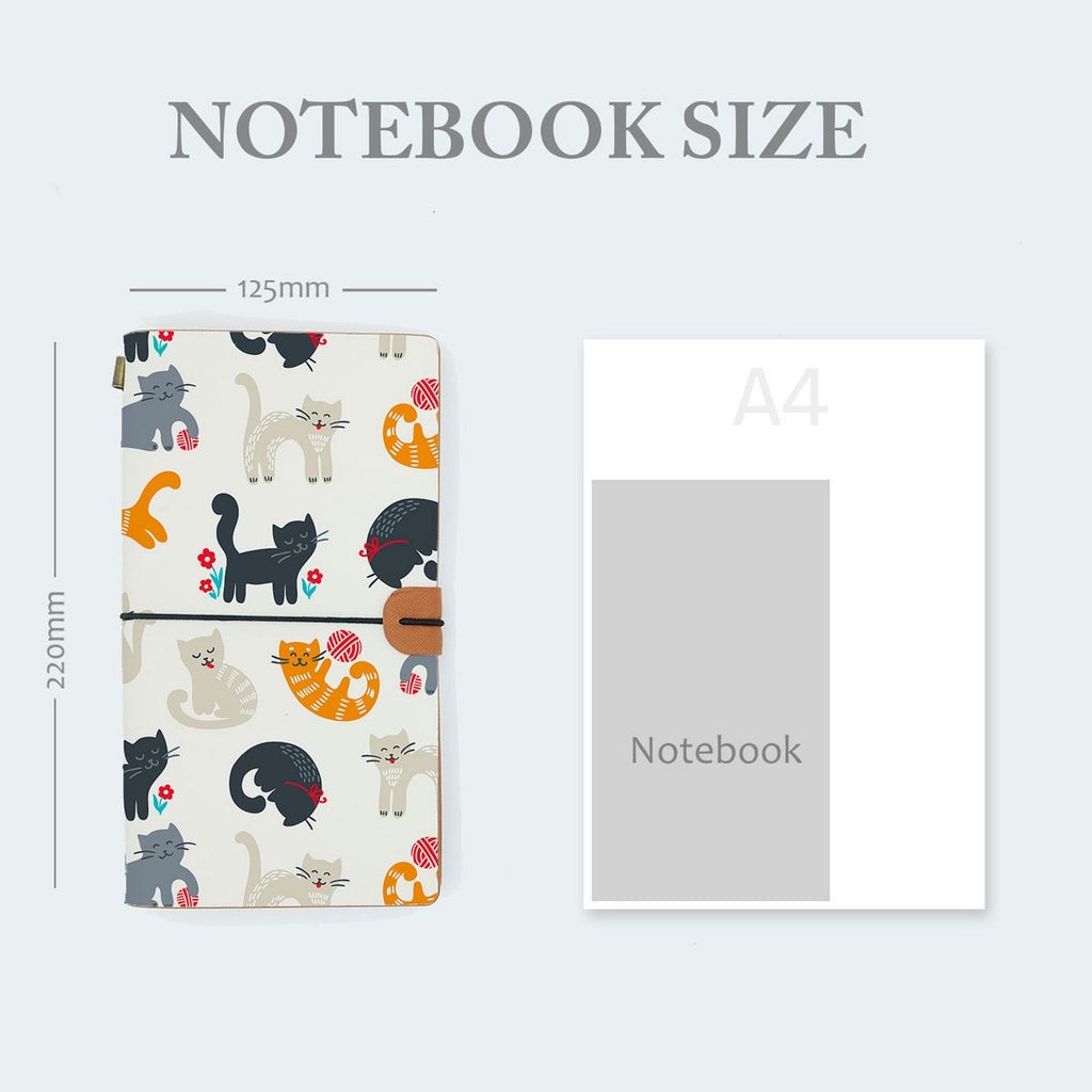 
midori style traveler's notebook with playful pussycats design in notebook size 220mm x 125mm