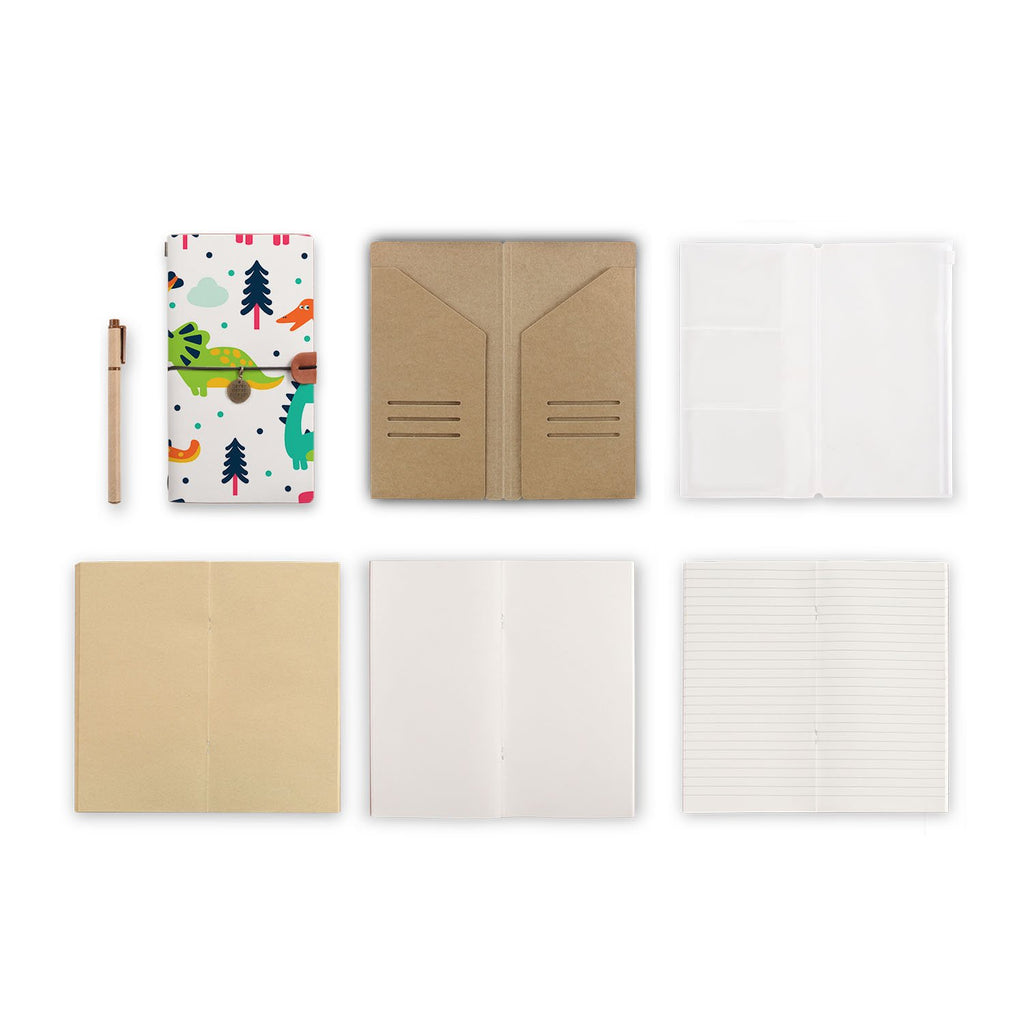 midori style traveler's notebook with Dinosaur design, refills and accessories