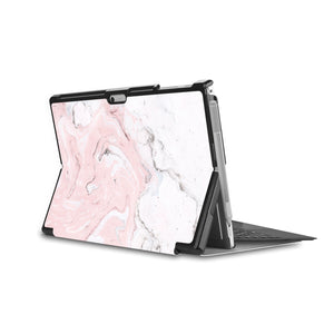 the back side of Personalized Microsoft Surface Pro and Go Case in Movie Stand View with Pink Marble design - swap