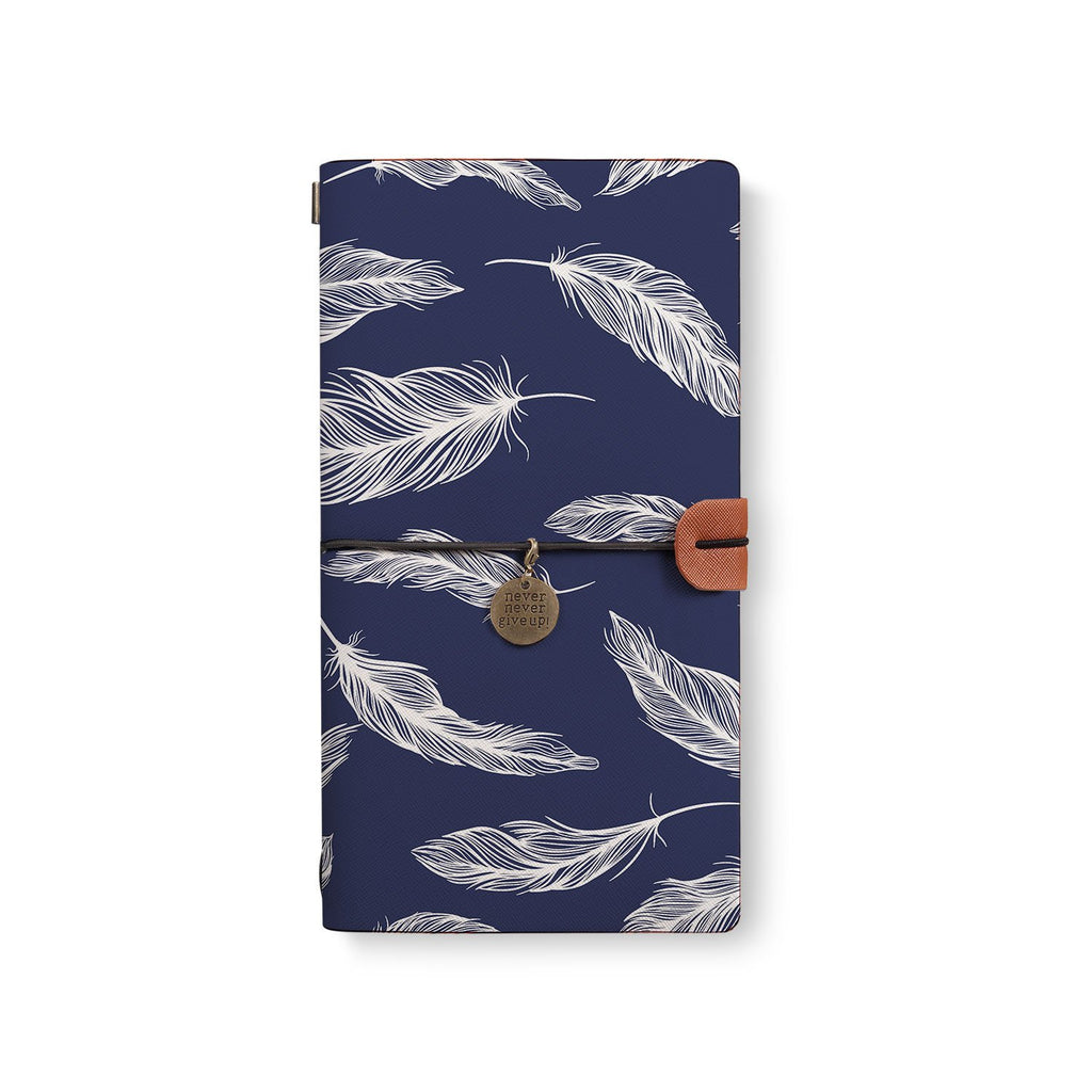the front top view of midori style traveler's notebook with Feather design