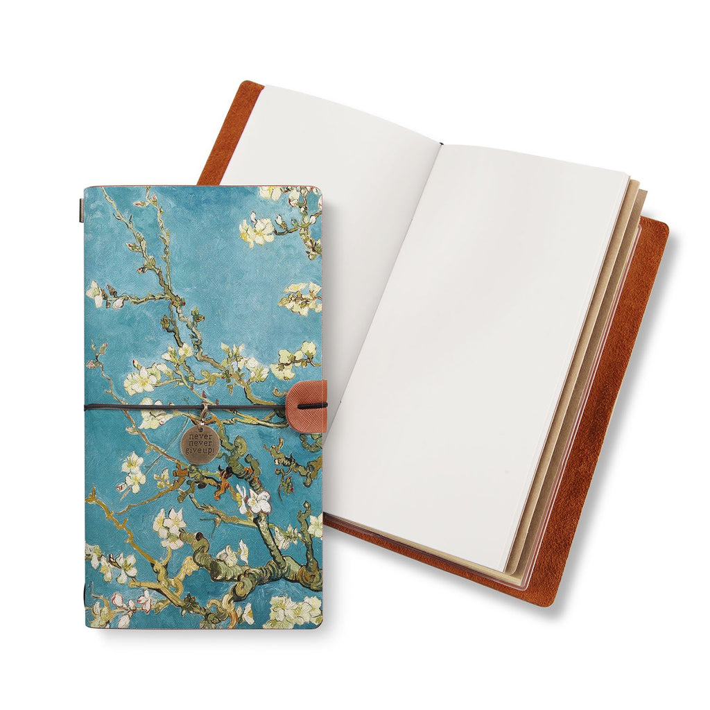 opened midori style traveler's notebook with Oil Painting design