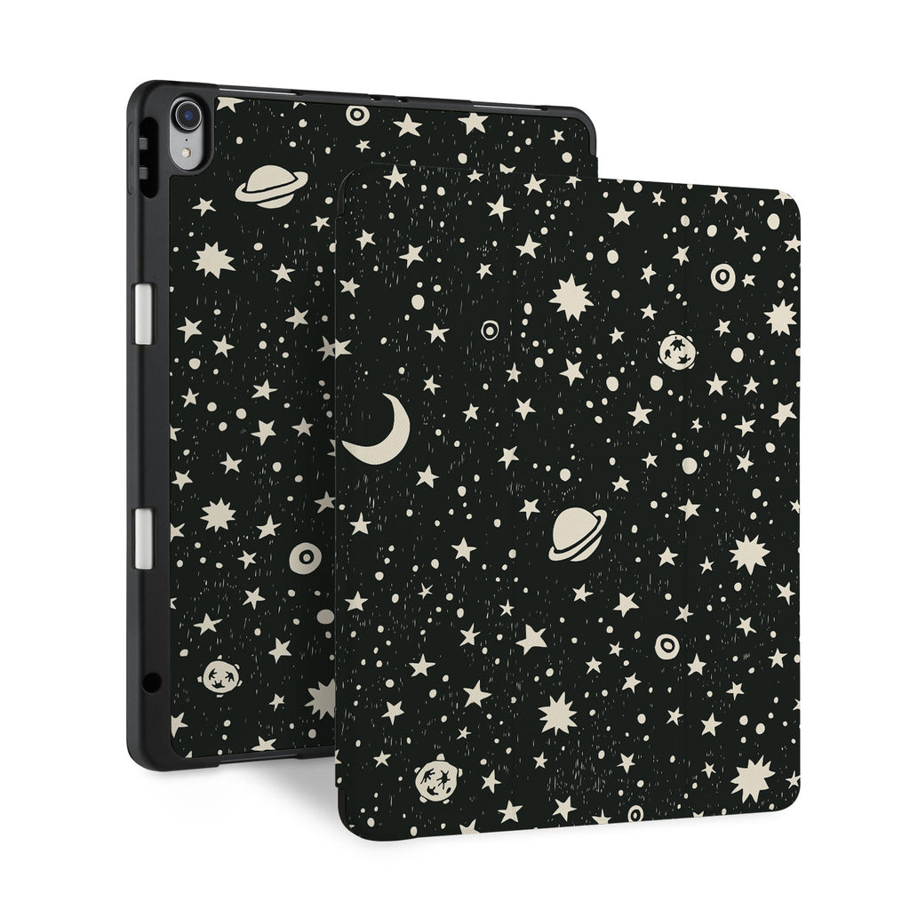 front back and stand view of personalized iPad case with pencil holder and Space design - swap