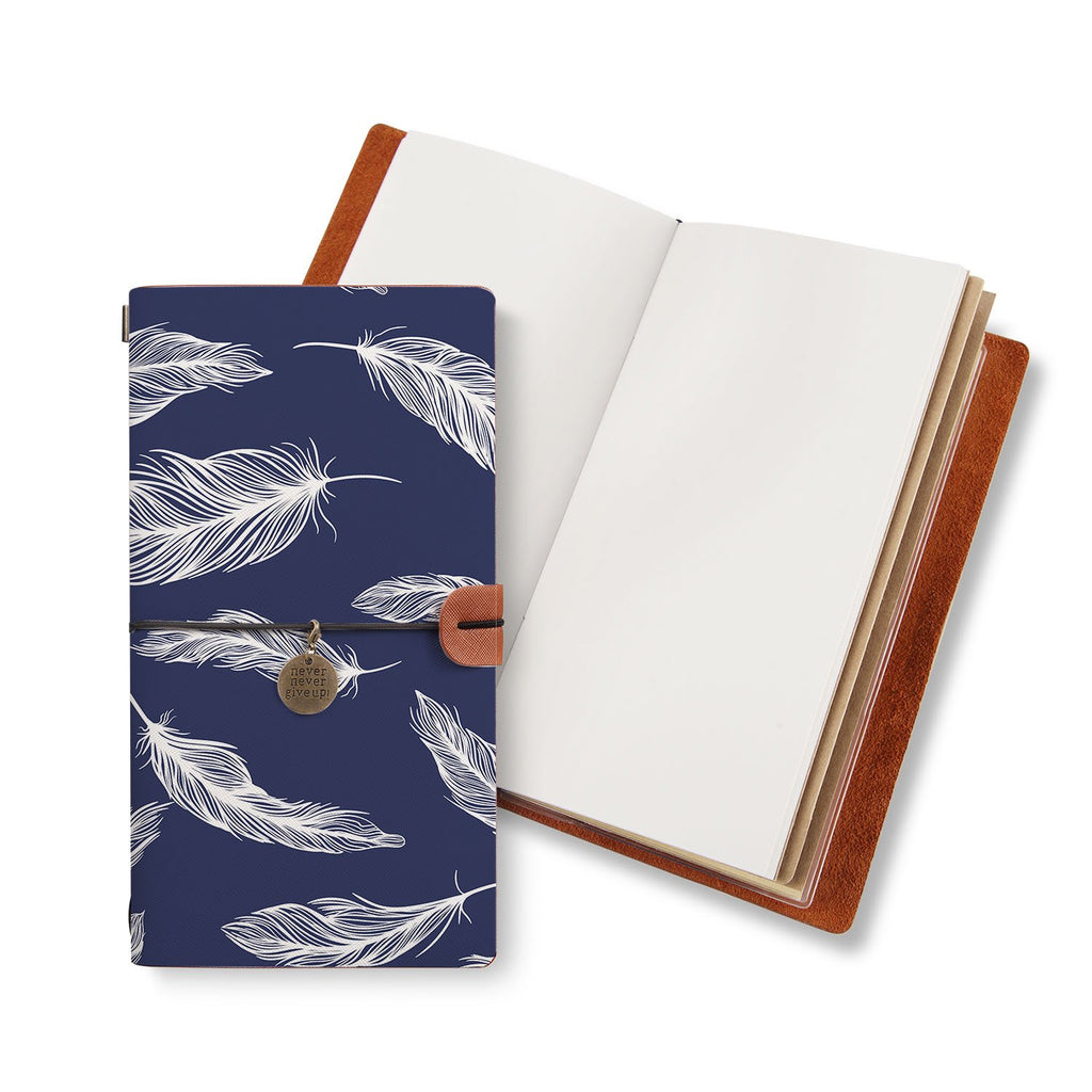 opened midori style traveler's notebook with Feather design
