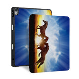 front back and stand view of personalized iPad case with pencil holder and Horse design - swap