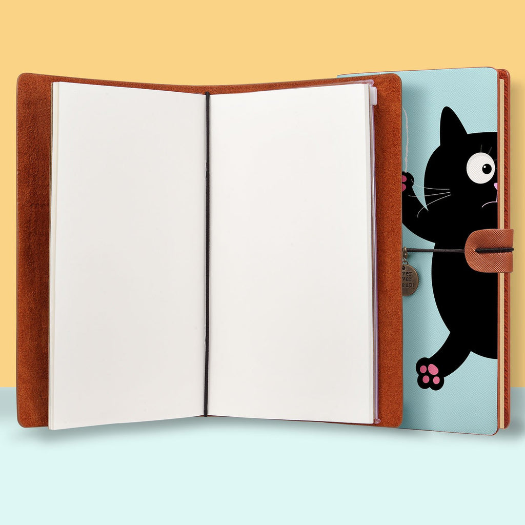 the front top view of midori style traveler's notebook with Cat Kitty design