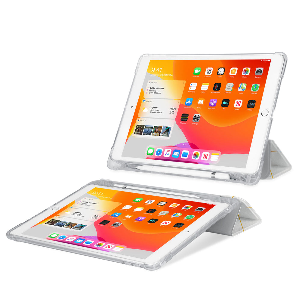 iPad SeeThru Casd with Marble 2020 Design Rugged, reinforced cover converts to multi-angle typing/viewing stand