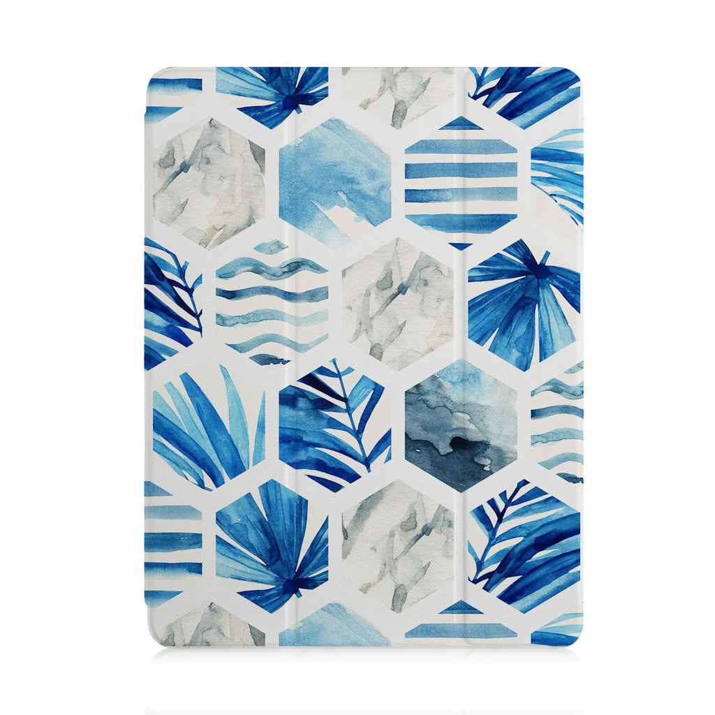front and back view of personalized iPad case with pencil holder and Geometric Flower design