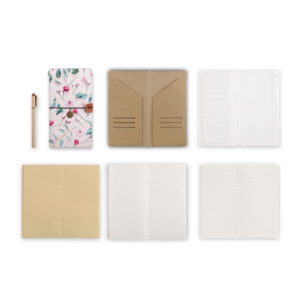 midori style traveler's notebook with Flat Flower 2 design, refills and accessories