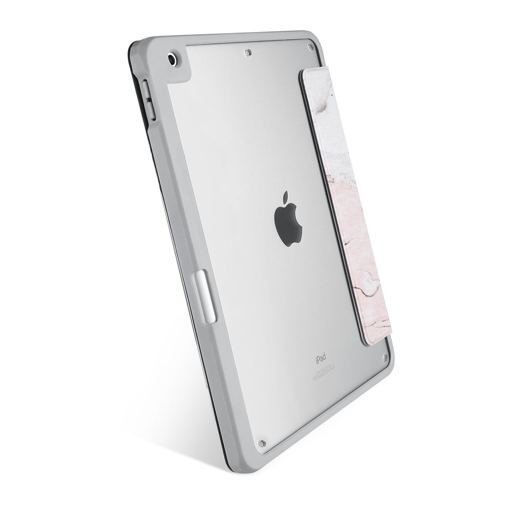 Vista Case iPad Premium Case with Pink Marble Design has HD Clear back case allowing asset tagging for the tablet in workplace environment.