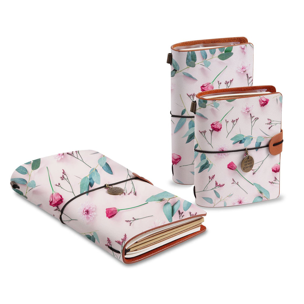 three size of midori style traveler's notebooks with Flat Flower 2 design