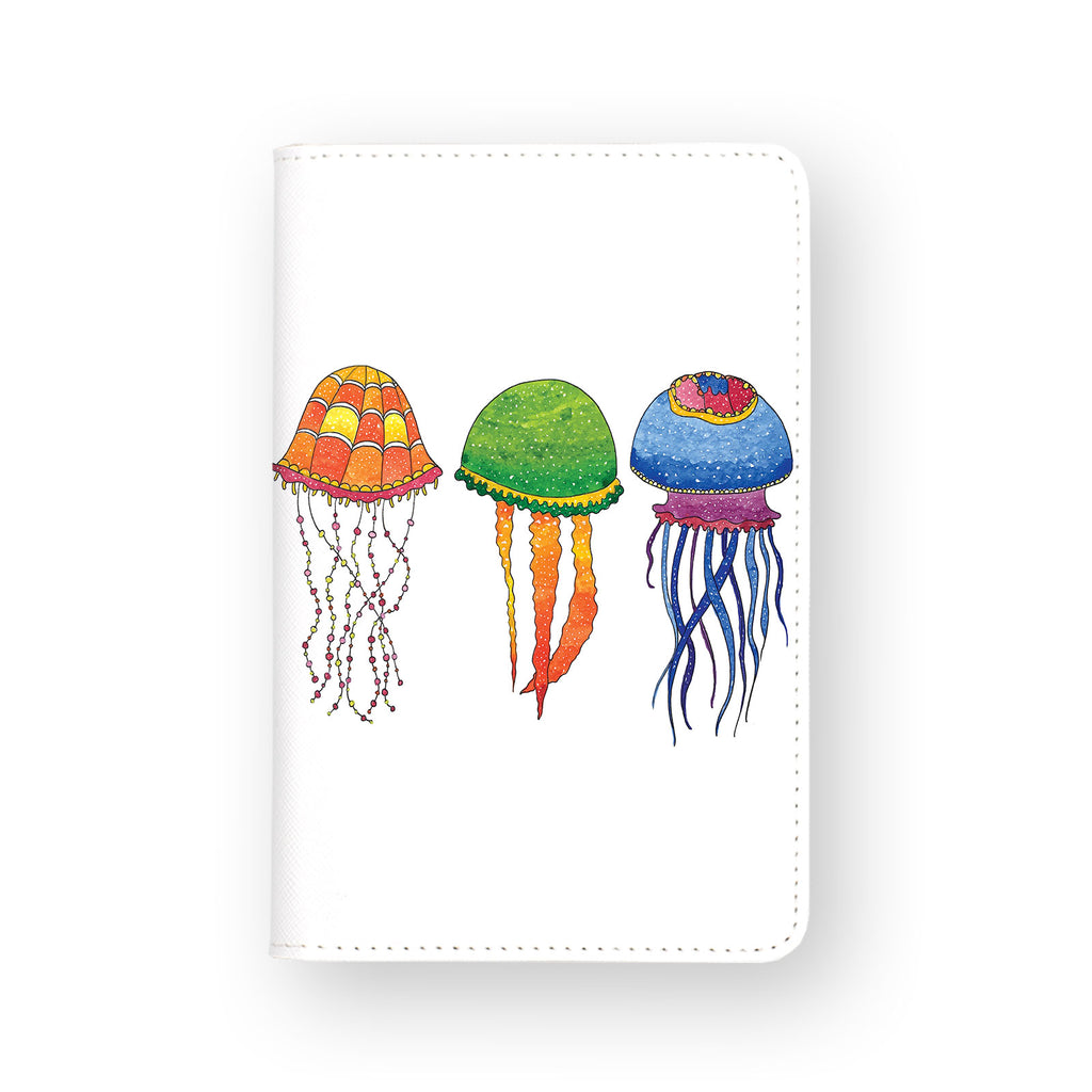 front view of personalized RFID blocking passport travel wallet with Three Jellyfish design