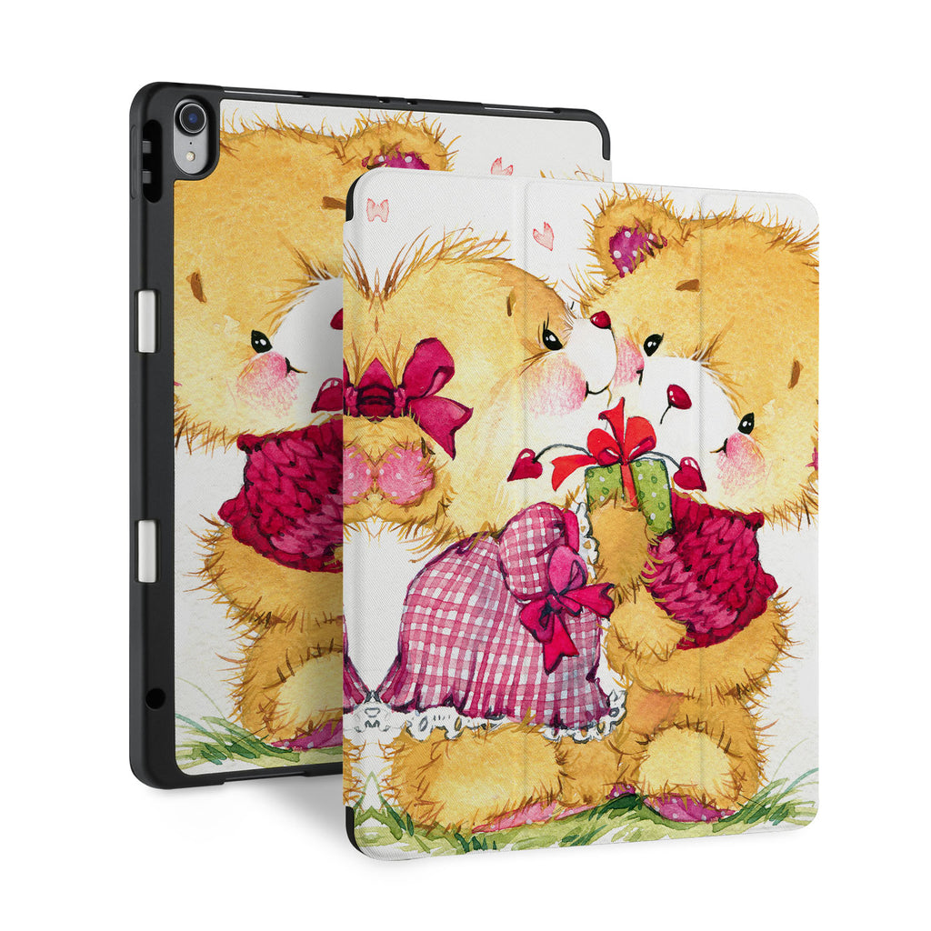 front back and stand view of personalized iPad case with pencil holder and Bear design - swap