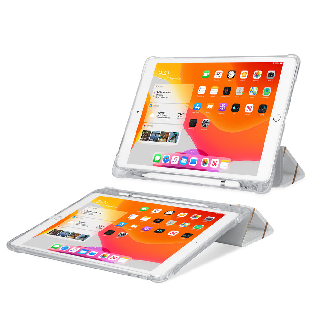 iPad SeeThru Casd with Luxury Design Rugged, reinforced cover converts to multi-angle typing/viewing stand