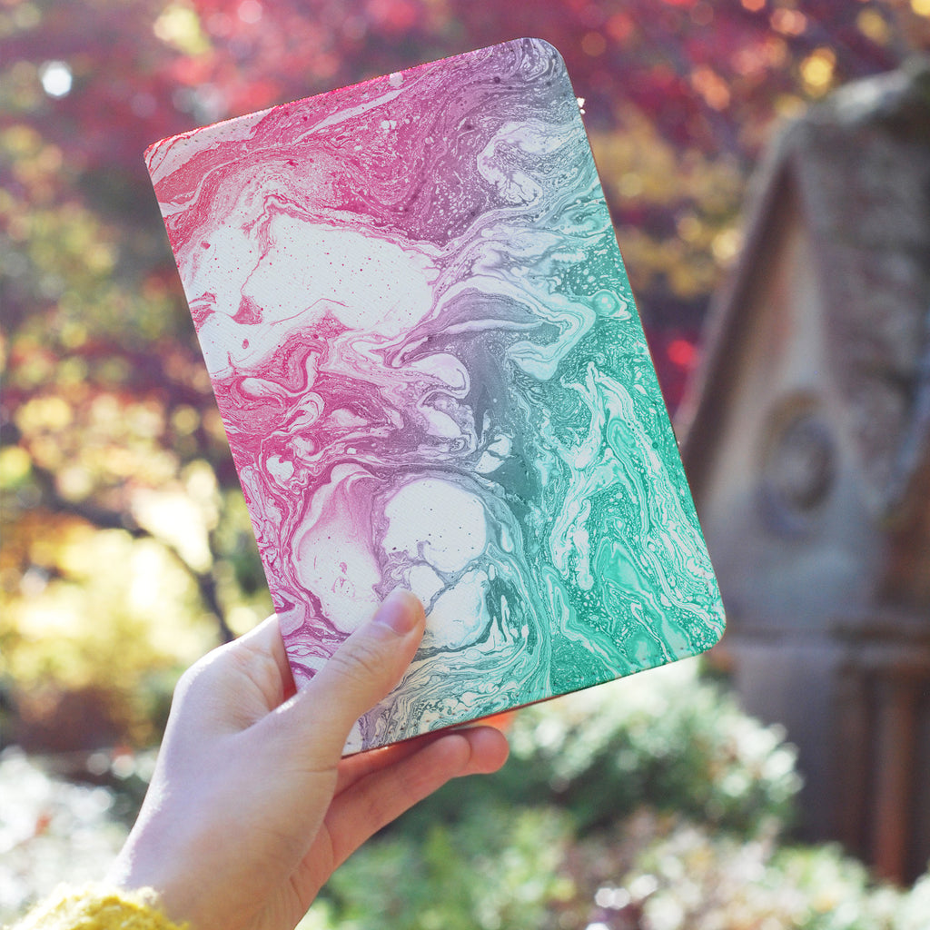 a girl holding personalized RFID blocking passport travel wallet with Abstract Oil Painting design