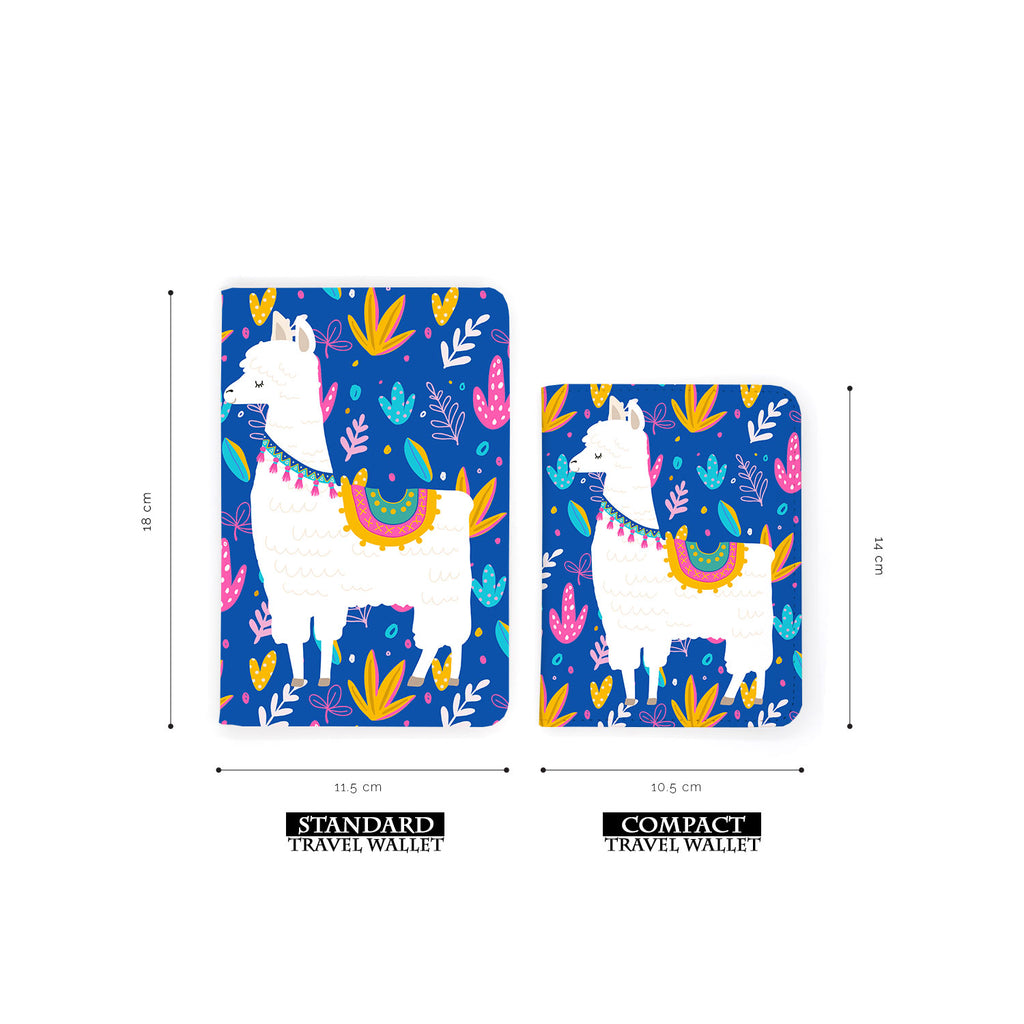 comparison of two sizes of personalized RFID blocking passport travel wallet with Llamas design