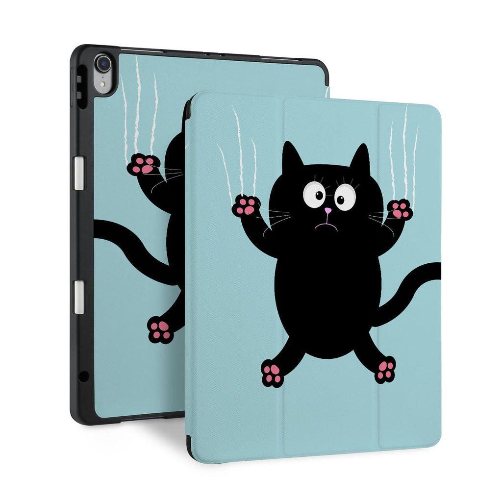 front back and stand view of personalized iPad case with pencil holder and Cat Kitty design - swap