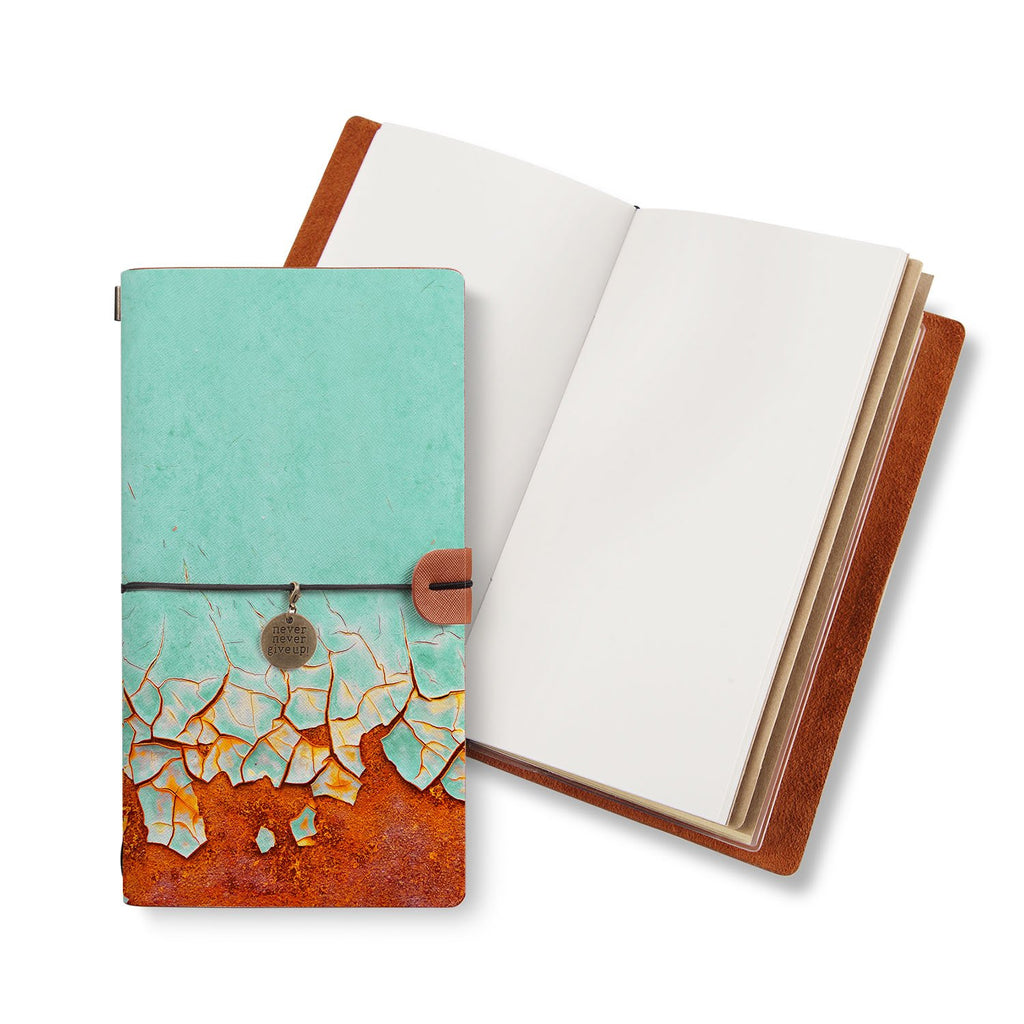 opened midori style traveler's notebook with Rusted Metal design
