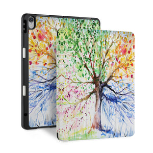 front back and stand view of personalized iPad case with pencil holder and Watercolor Flower design - swap