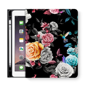 frontview of personalized iPad folio case with Black Flower design