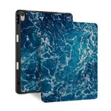 front back and stand view of personalized iPad case with pencil holder and Ocean design - swap