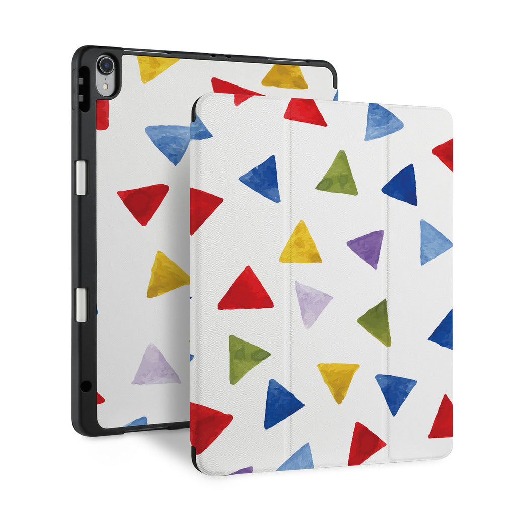 front back and stand view of personalized iPad case with pencil holder and Geometry Pattern design - swap