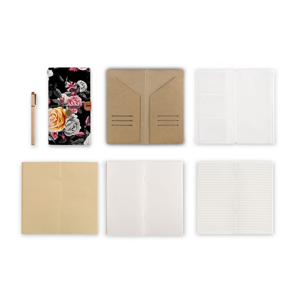 midori style traveler's notebook with Black Flower design, refills and accessories