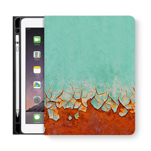 frontview of personalized iPad folio case with Rusted Metal design