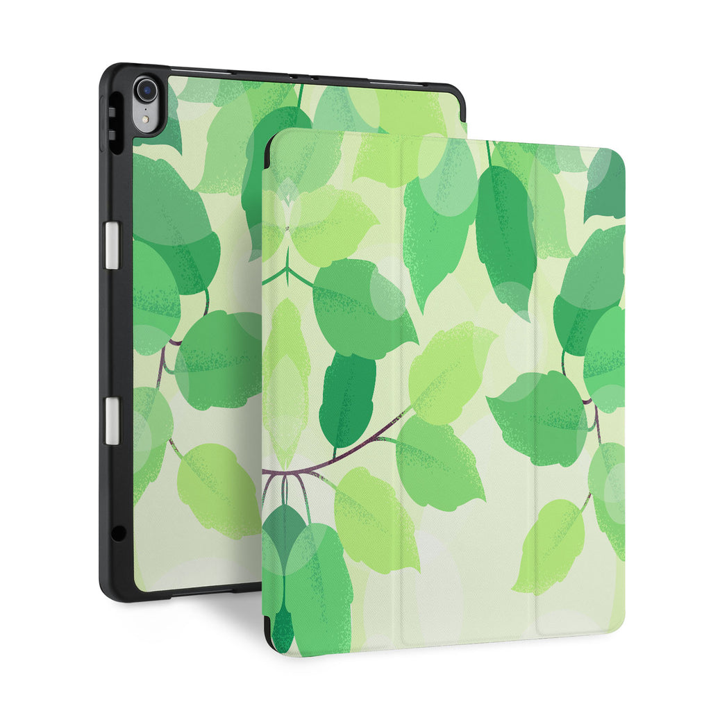 front back and stand view of personalized iPad case with pencil holder and Leaves design - swap